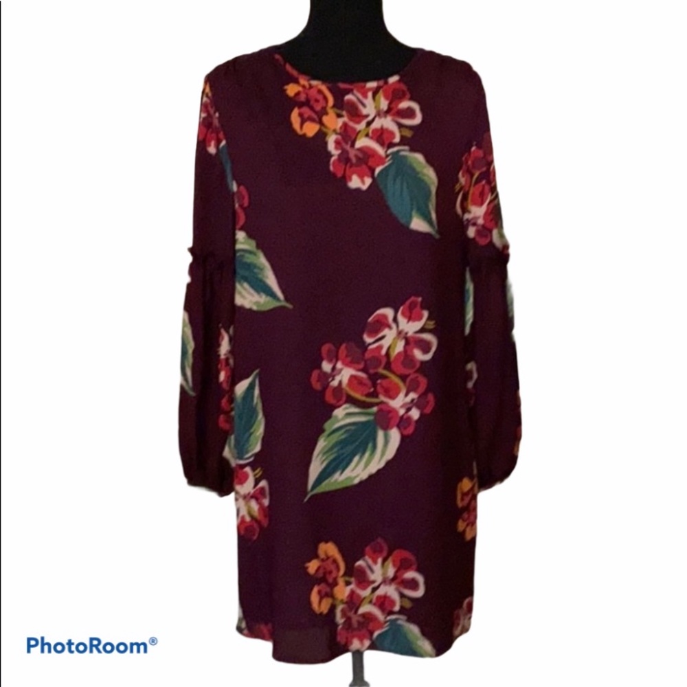 LOFT Burgundy balloon sleeved floral shift dress